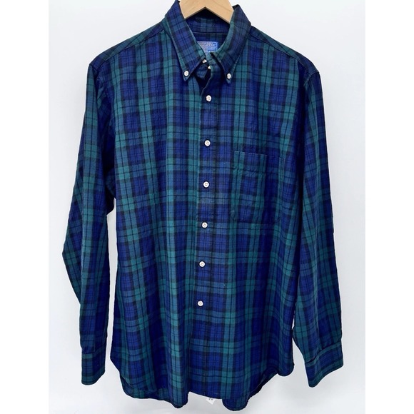 Vintage Pendleton Shirt Mens L Green Blackwatch Tartan Flannel Long Sleeve Wool - Picture 2 of 10